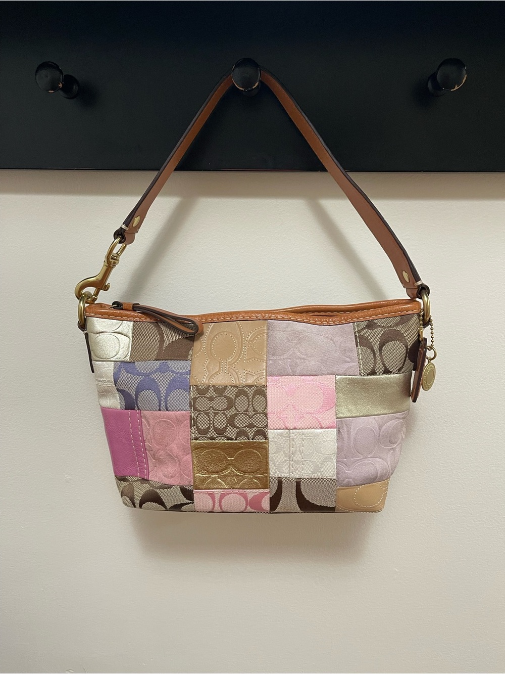 Vintage Coach Multicolor Patchwork Mini Shoulder Bag with Tan Leather Strap
